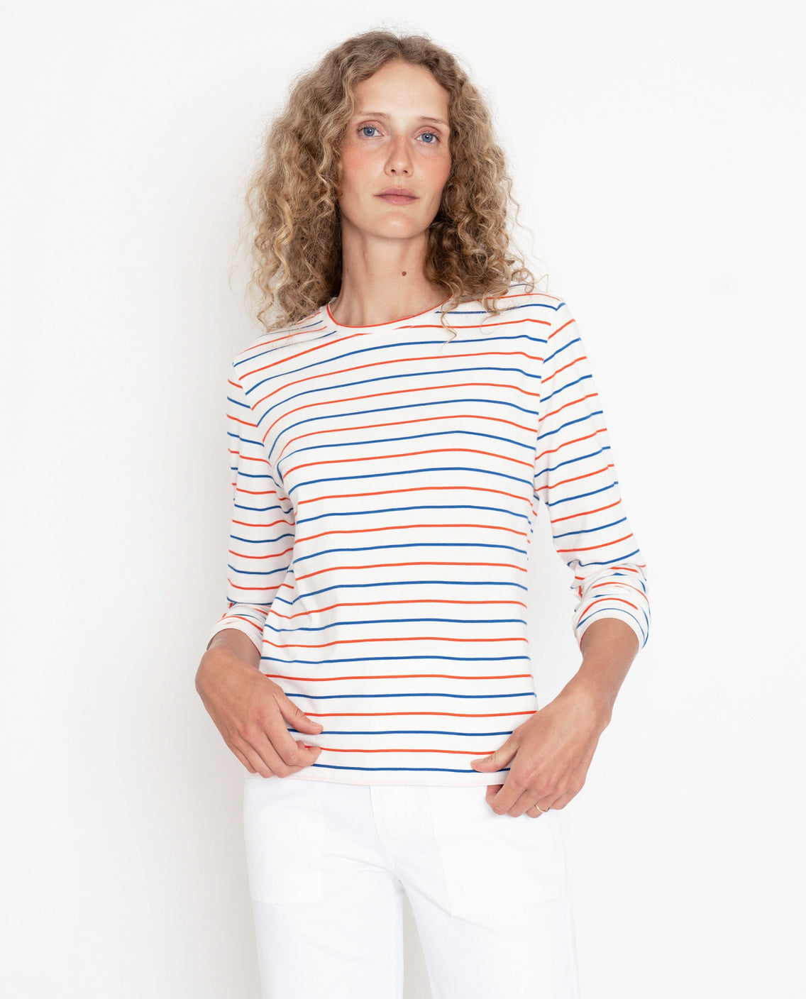 The Modern Long - White/Blue/Poppy Pinstripe