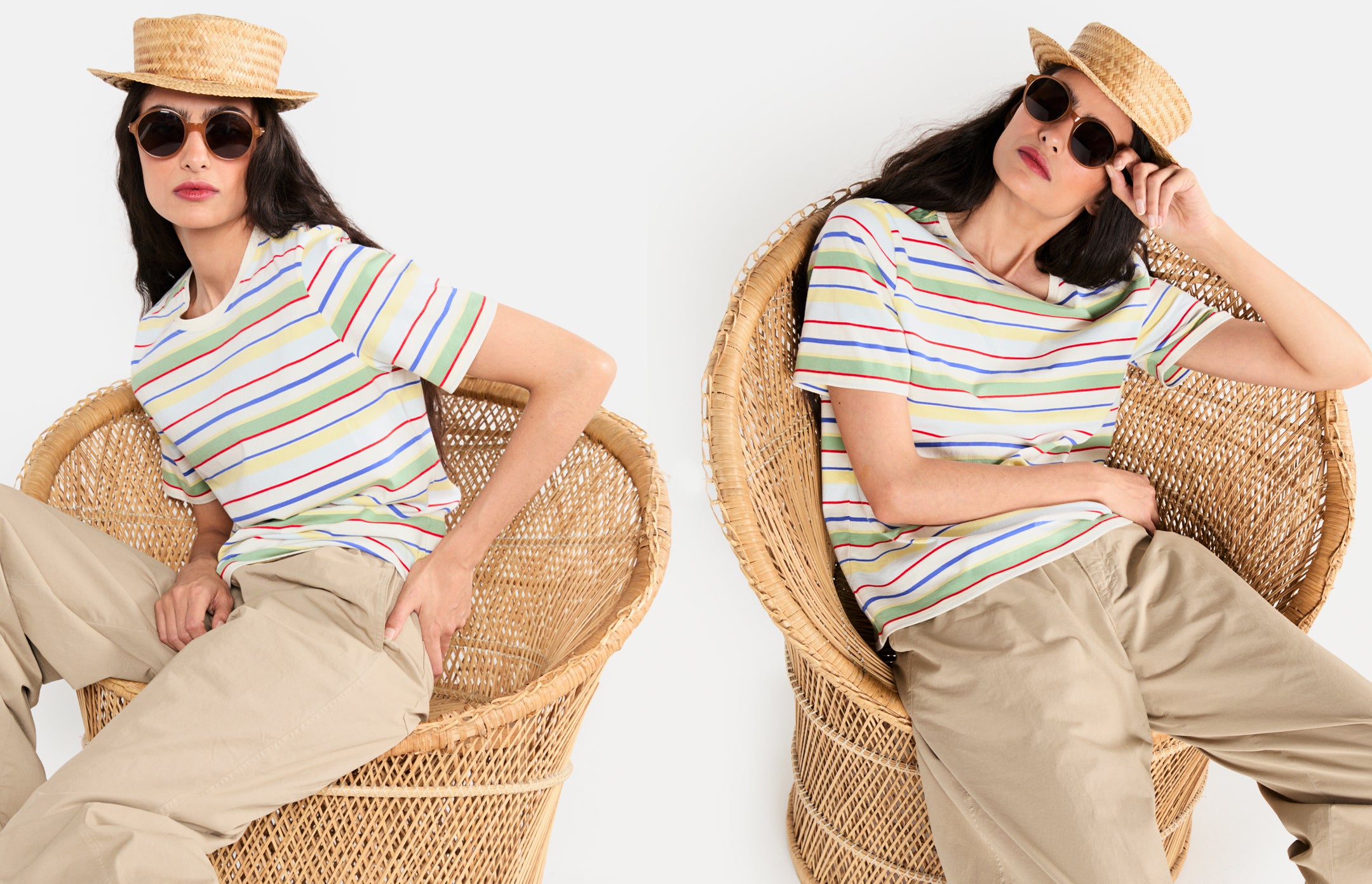 Person in striped sweater and hat sitting on a chair, basketball on the floor.
