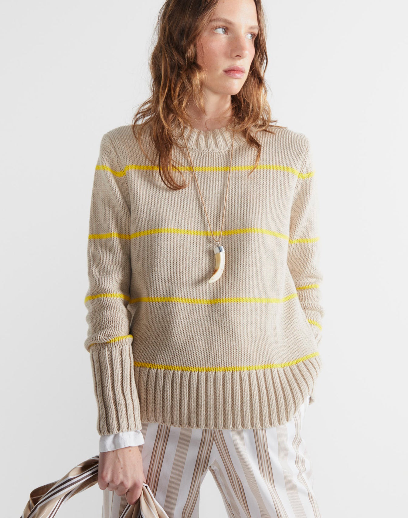 Model wearing The Tatum - Khaki/Yellow Ministripe