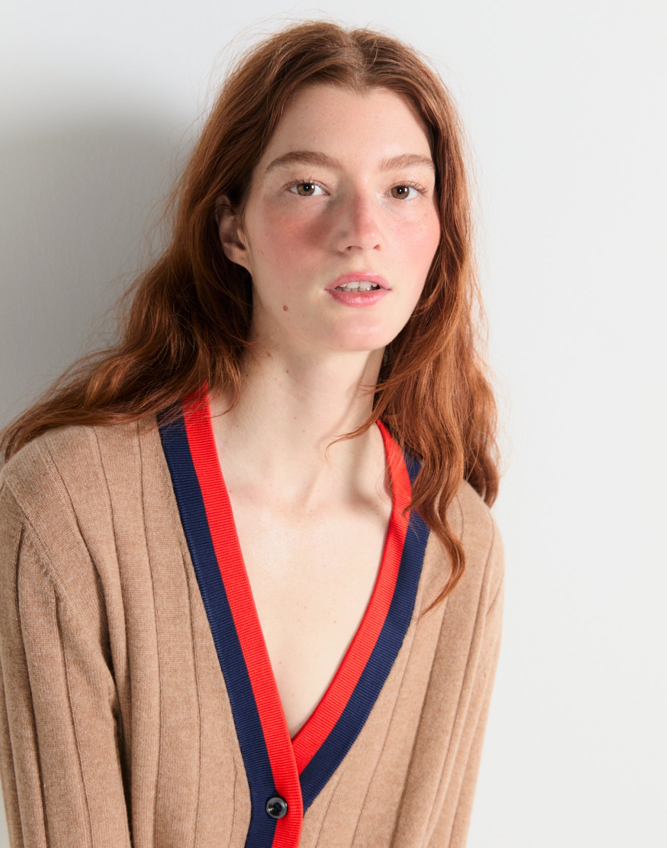 Model wearing The Sinclair - Camel