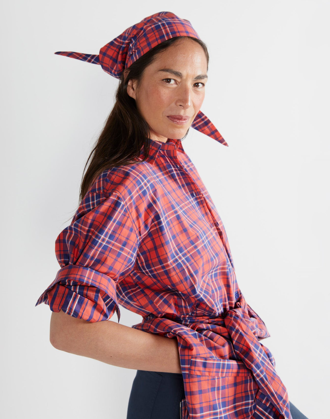 Model wearing The Shellona - Poppy/Navy Plaid
