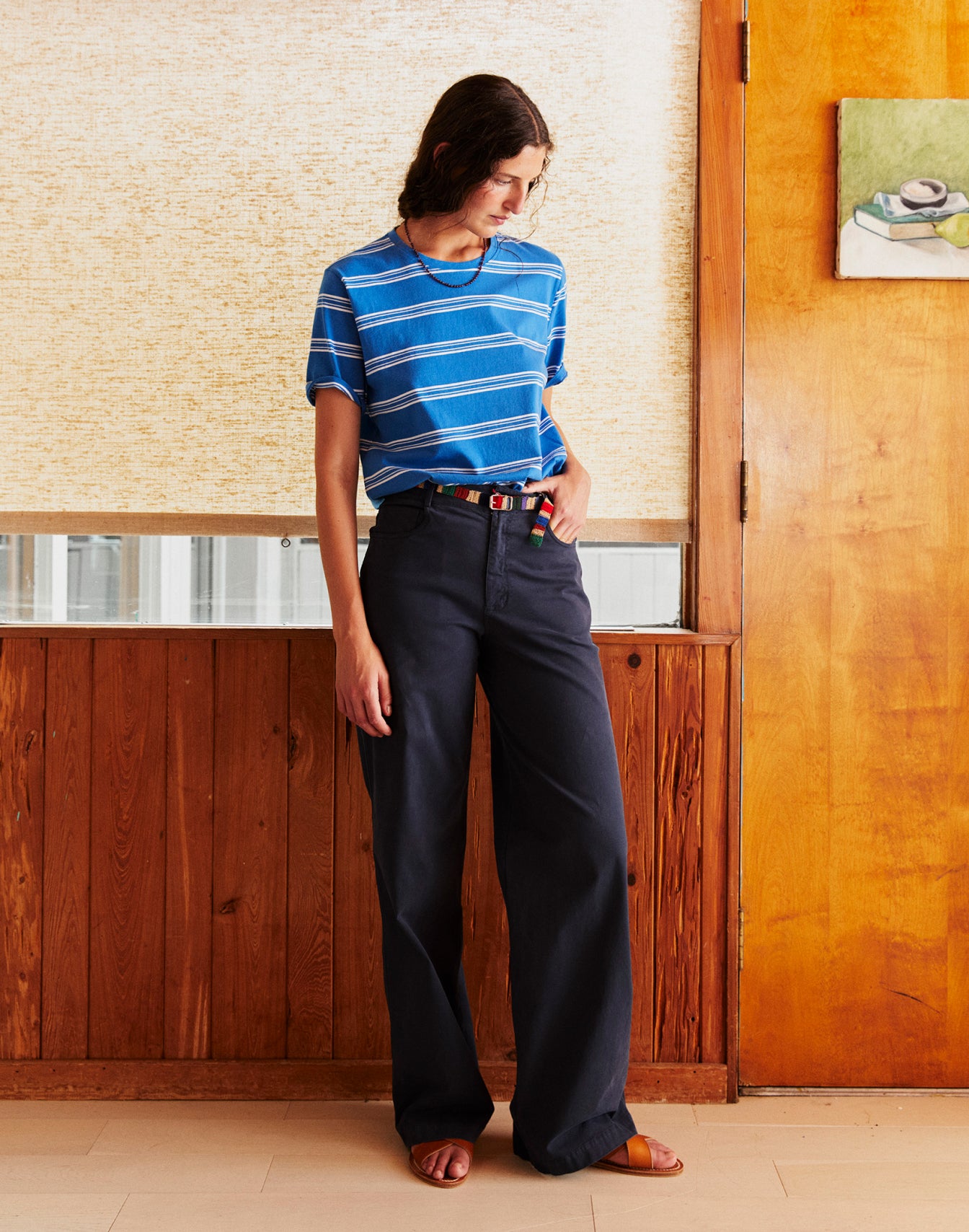 Model wearing The Modern - Royal/White Mixed Stripe