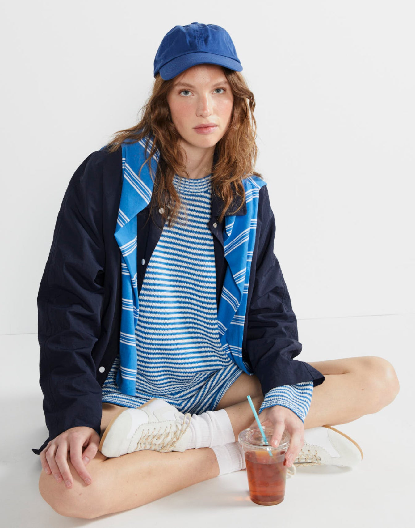 Model wearing The Peyton - Royal/White and The Agnes - Royal/White