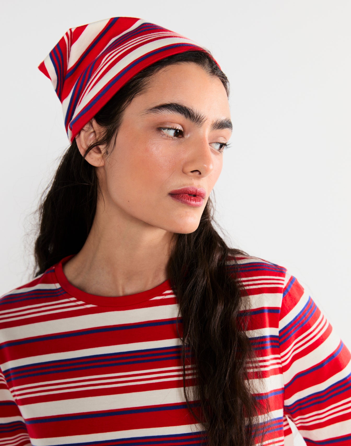 Model wearing The Brentwood - Tomato Multistripe and The Tate - Tomato Multistripe