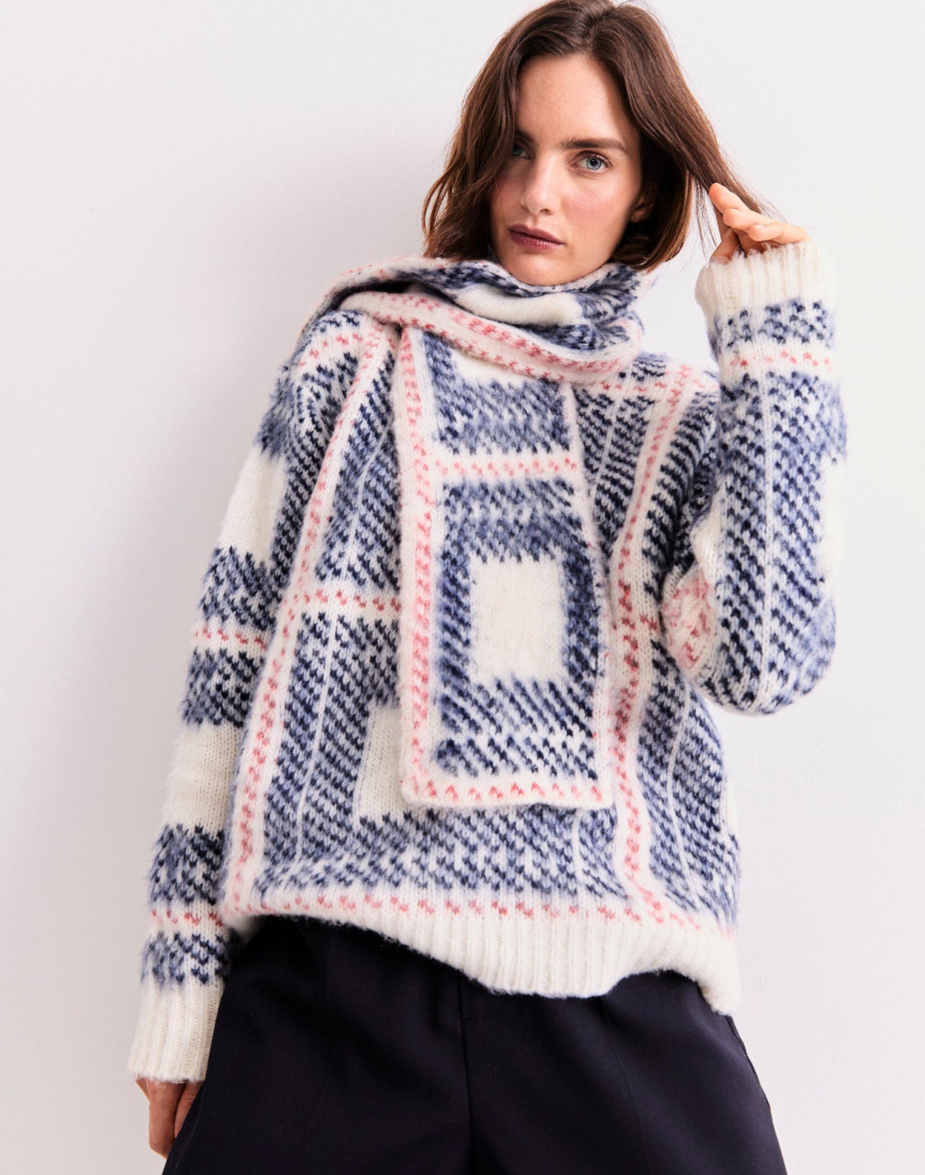 Model wearing The Marlien - Cream Plaid and The Mayer - Cream Plaid