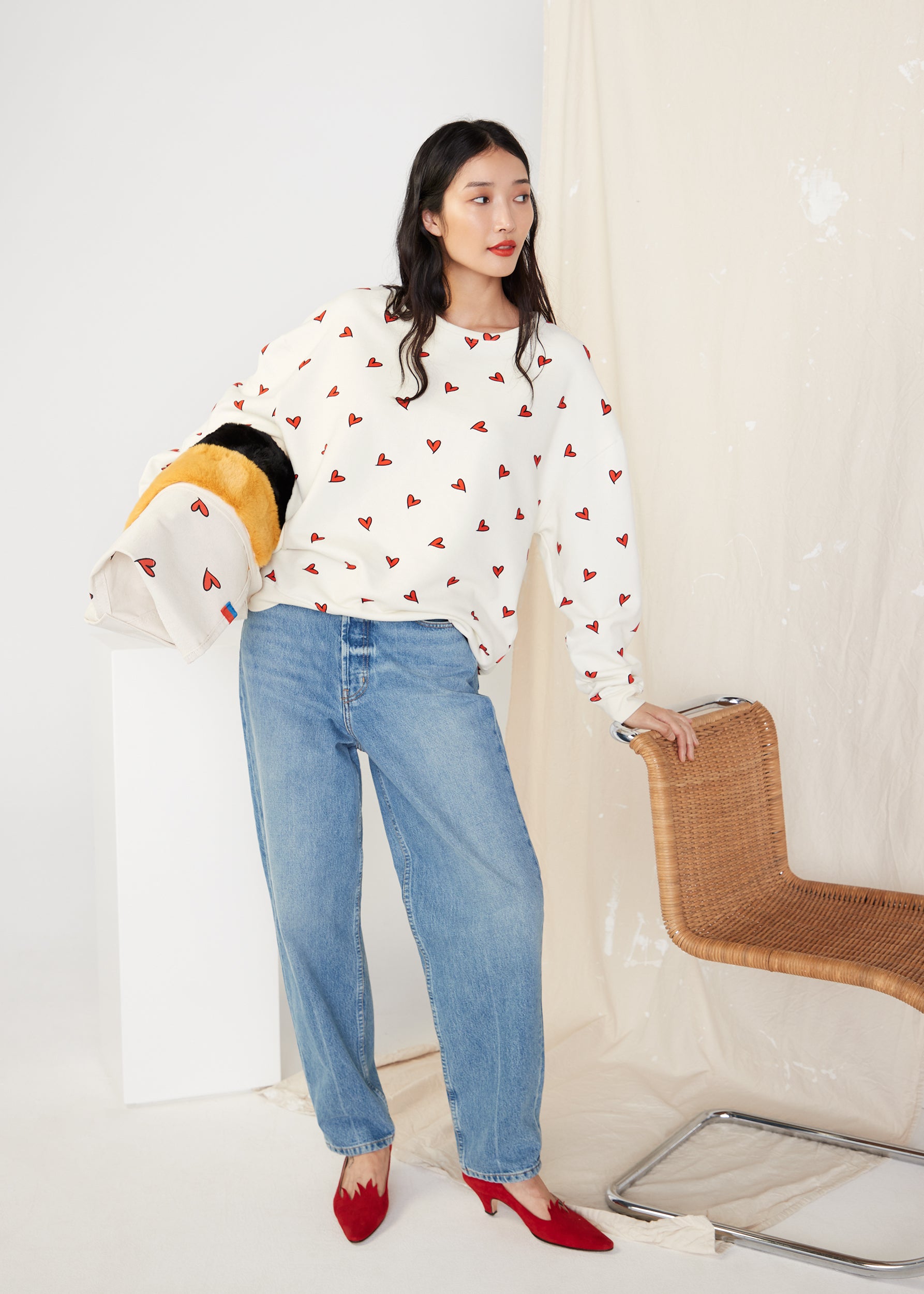 The Oversized All Over Heart Sweatshirt - Cream